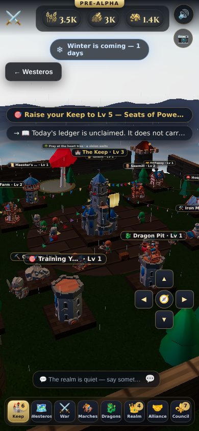 The Iron Realms interface on a phone, showing the keep with counters and the bottom dock