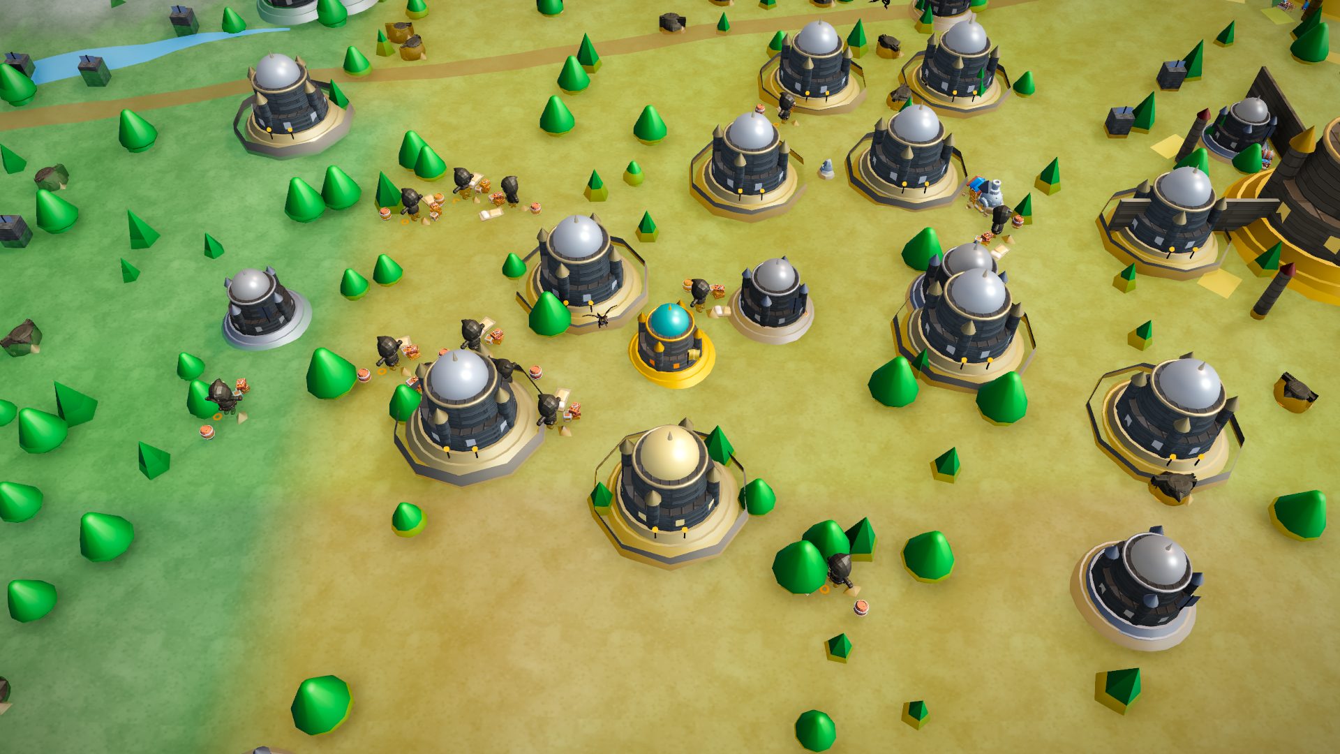A wide view of the Iron Realms world map: a dozen keeps across green and sand-coloured country, with a river at the top edge