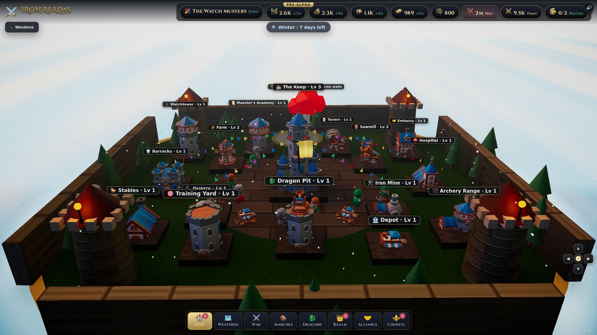 A player's 3D keep in Iron Realms — walls, towers, and a dozen buildings under a winter sky
